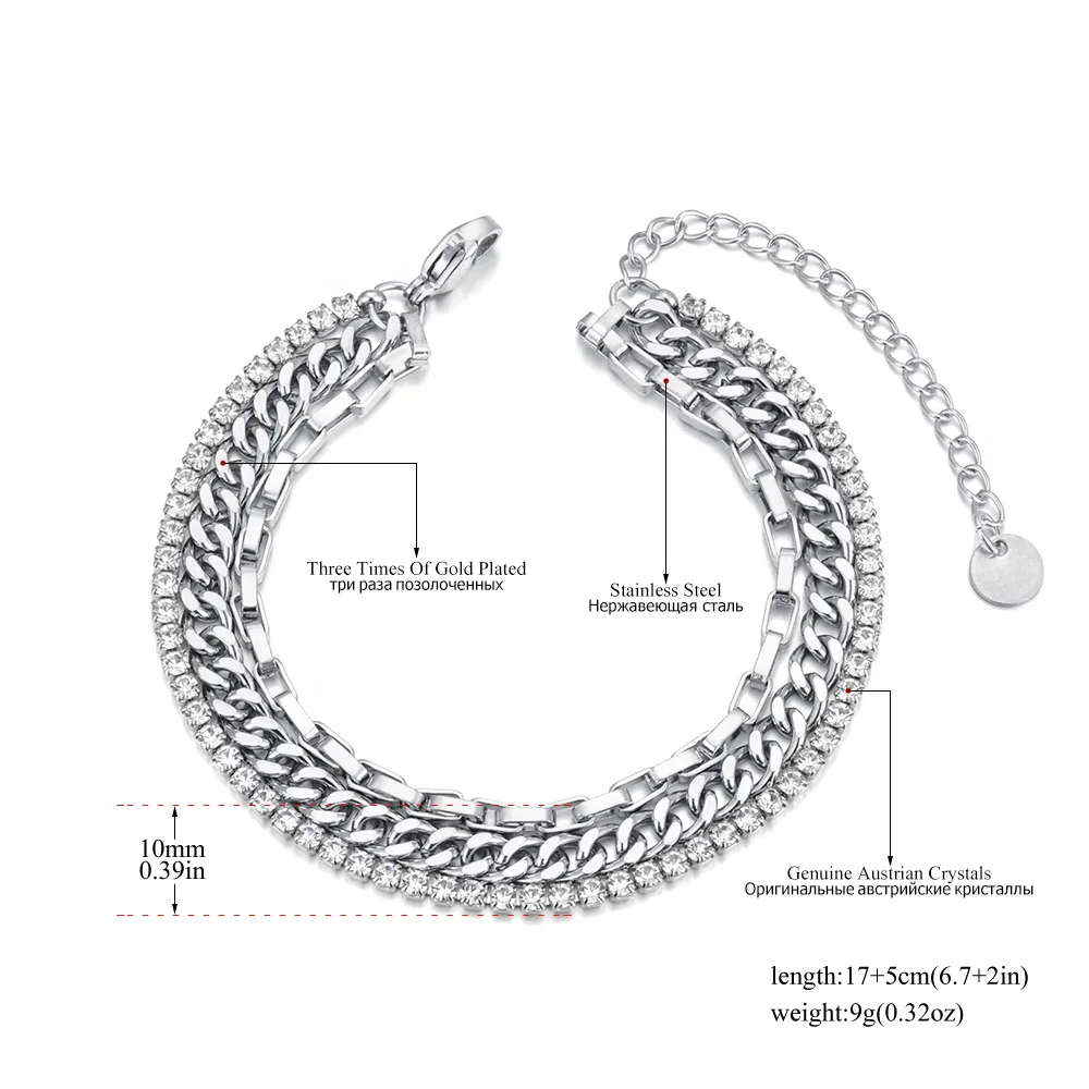 Lokaer 316L Stainless Steel 3 Layered Rhinestone Charm Bracelet For Women Fashion Chain Waterproof Jewelry Accessories B23161