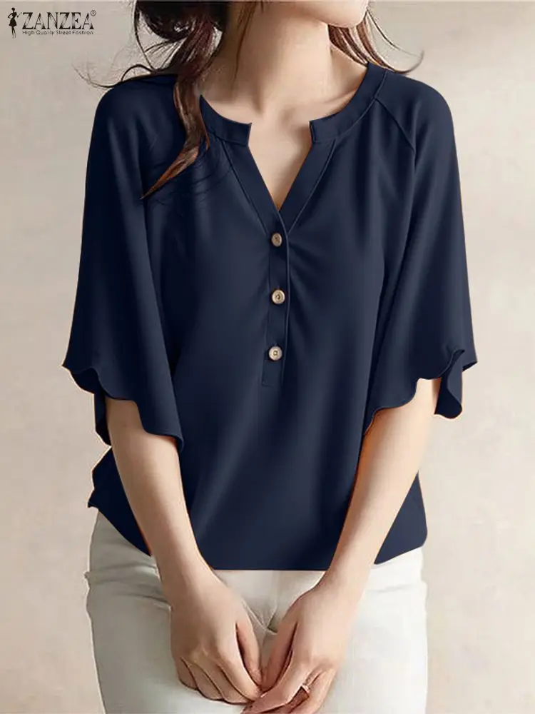 

ZANZEA женская корейская элегантная однотонная блузка 2025 модные повседневные топы с рюшами и половиной рукавов туника свободная рубашка с v-образным вырезом офисная женская блузка