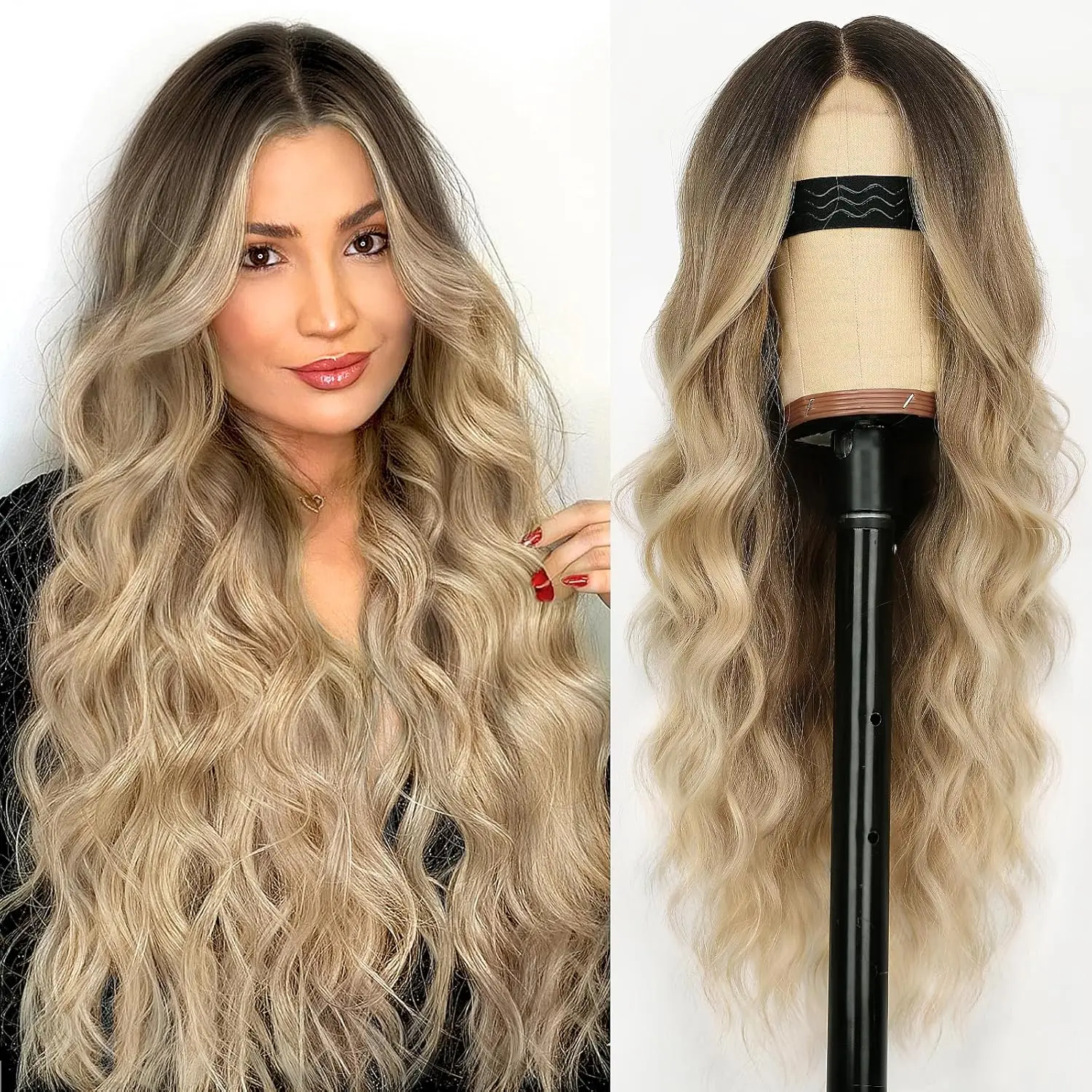 

Long Blonde Wavy Wig for Women Middle Part Curly Wigs Natural Looking Ombre Blonde Synthetic Heat Resistant Fiber Women Wigs