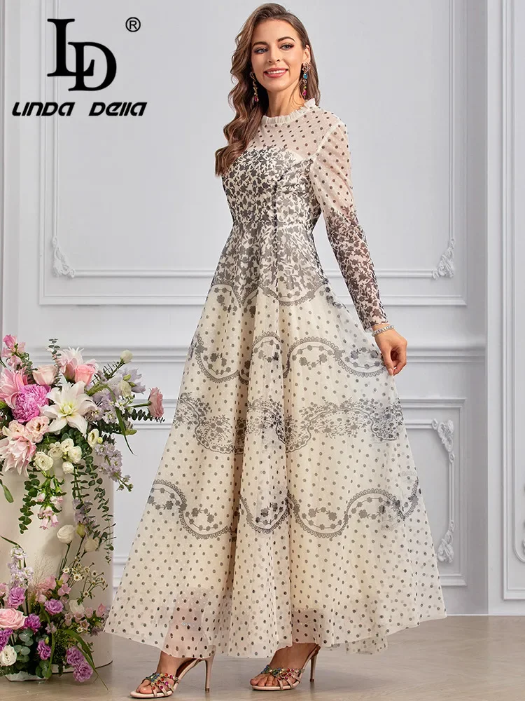 LD LINDA DELLA 2024 Summer Fashion Dress Women Bohemian Polka Dot Floral Print Chiffon Net Yarn Temperament Dresses Sizes S-4XL