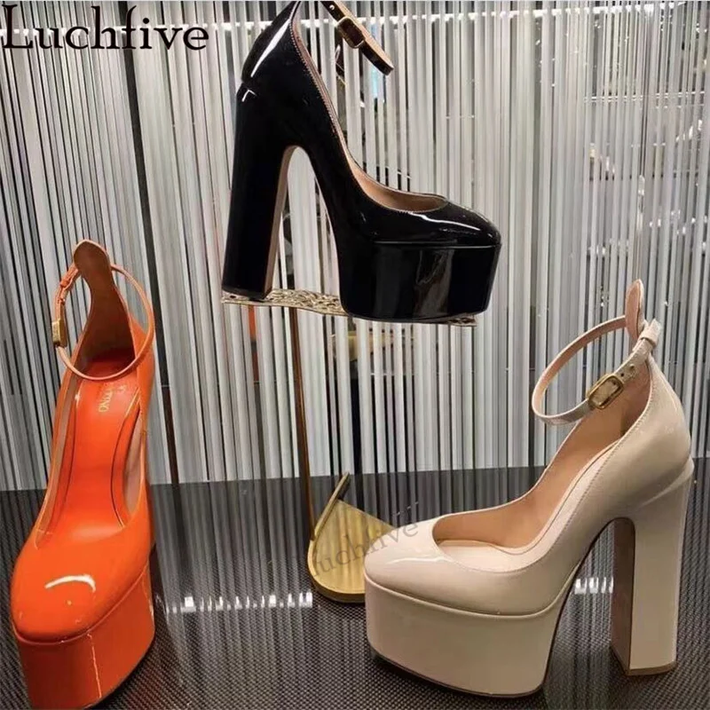 

Summer Thick Sole Leather Pumps Shoes Women Brand Super High Heels Rome Sandals Luxury Fashion Week Platform Party Shoes Mujer