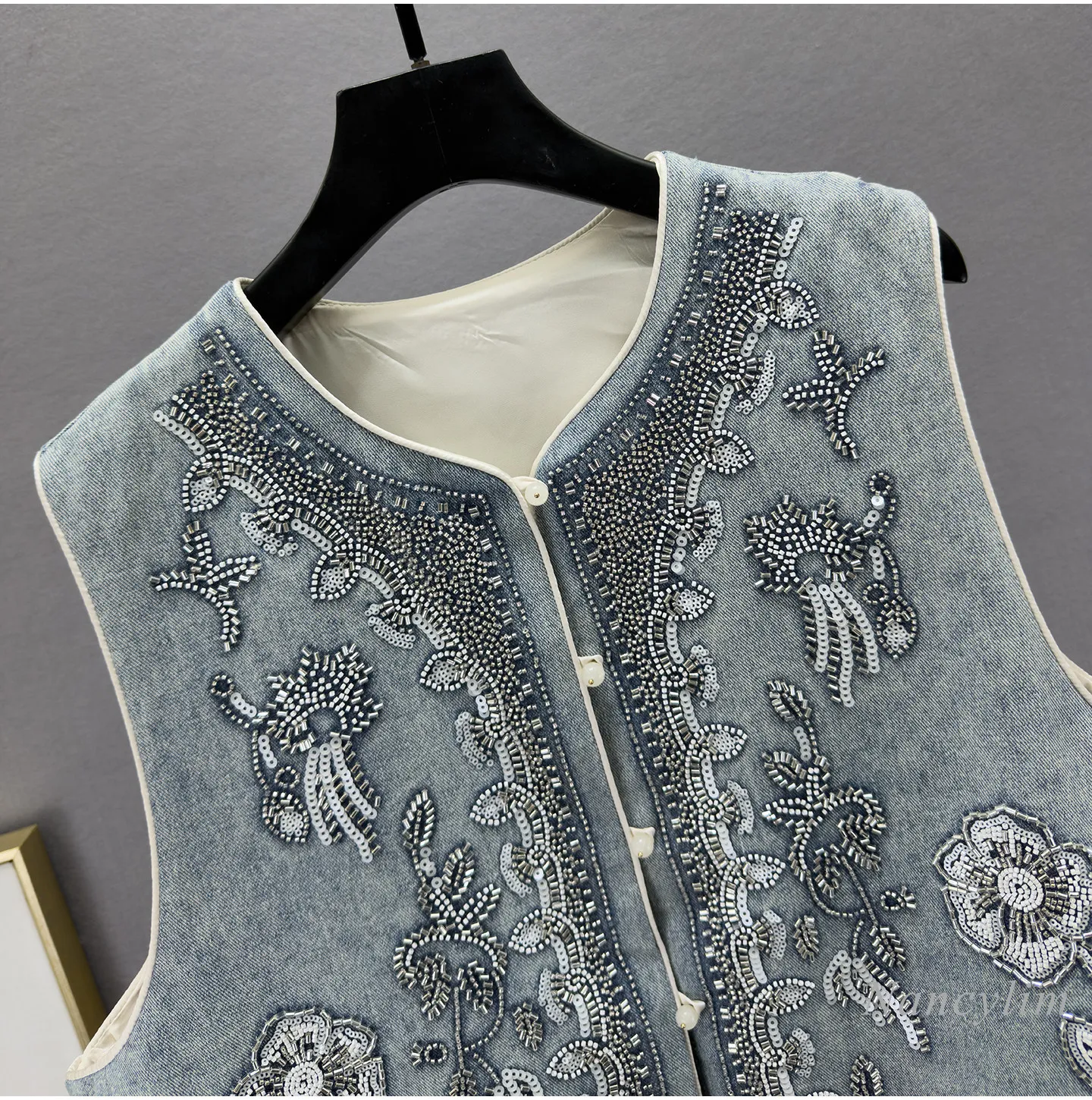 Short Sleeveless Denim Vest Jacket for Women, New Spring Fall, Vintage Distressed with Rhinestone and Sequin Embellishments view 2