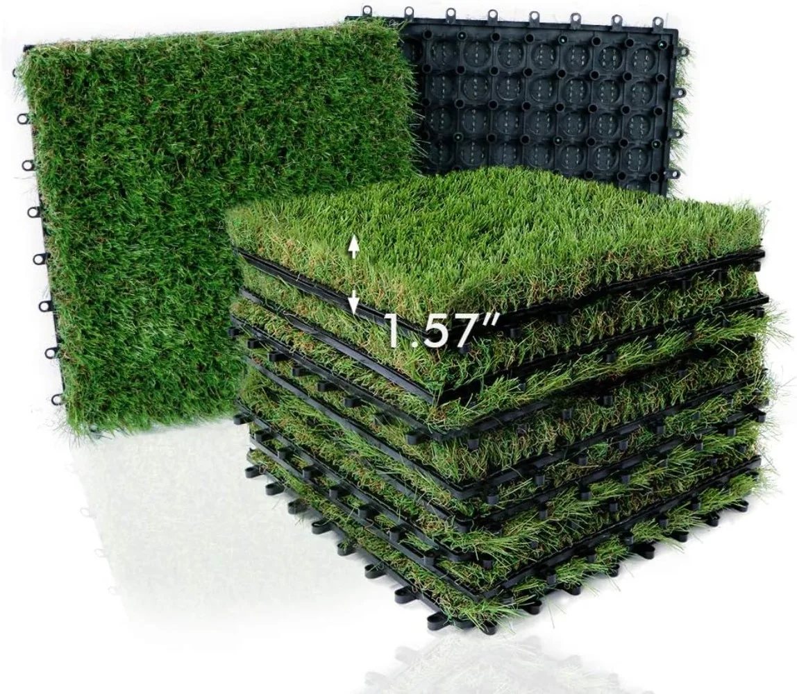 

XLX TURF Artificial Grass Tiles Interlocking Turf Deck Set 9 Pack - 12"x12" Synthetic Fake Grass Self-draining Mat Flooring