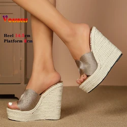 High Quality Fashion Sandals Straw Rope Weave Thick Platform High Heels Summer Comfortable Wedge Slippers Trend Hot Women Shoes