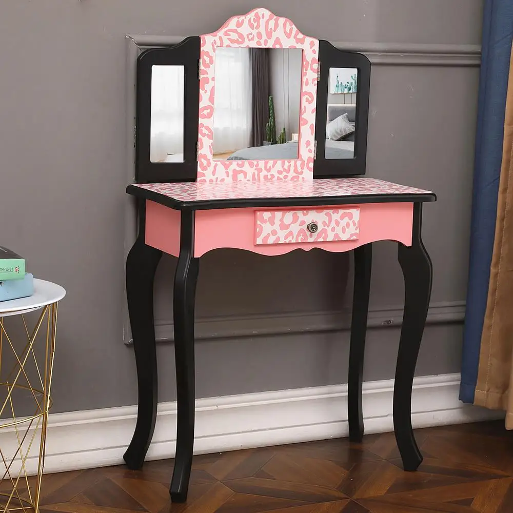 Red Leopard Print Three-Fold Mirror Dresser with Single Drawer & Arc Feet for Kids