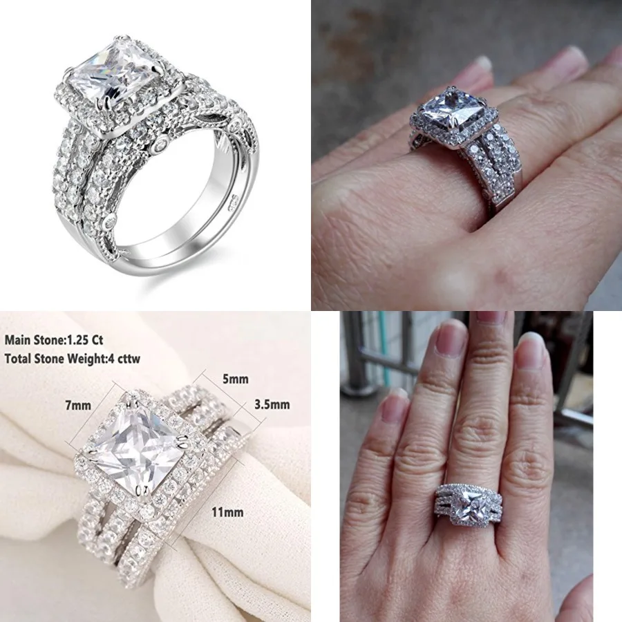 

Wuziwen Wedding Ring Sets Princess Cut Engagement Rings for Women Sterling Silver Cubic Zirconia Moissanite Women's Bridal Ring