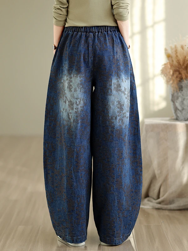 plus Size Denim Wide Leg Pants Casual Diamond Studded Loose Fit Slimming Casual Versatile High Waist Blue Cotton Polyester
