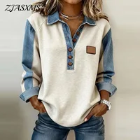 Camisa informal de mezclilla con cuello de retales y botones para mujer, Top holgado de oficina para primavera, jersey de otoño, Blusa de manga larga, sudaderas Harajuku
