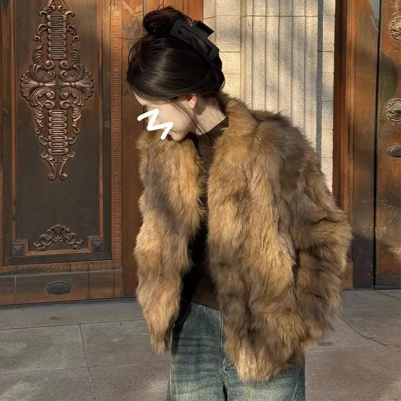 High-End Eco-Friendly Fox Faux Fur Coat Cardigan Winter New Thickened Brown Short Style Harajuku Gothic Korean Lolita Jacket