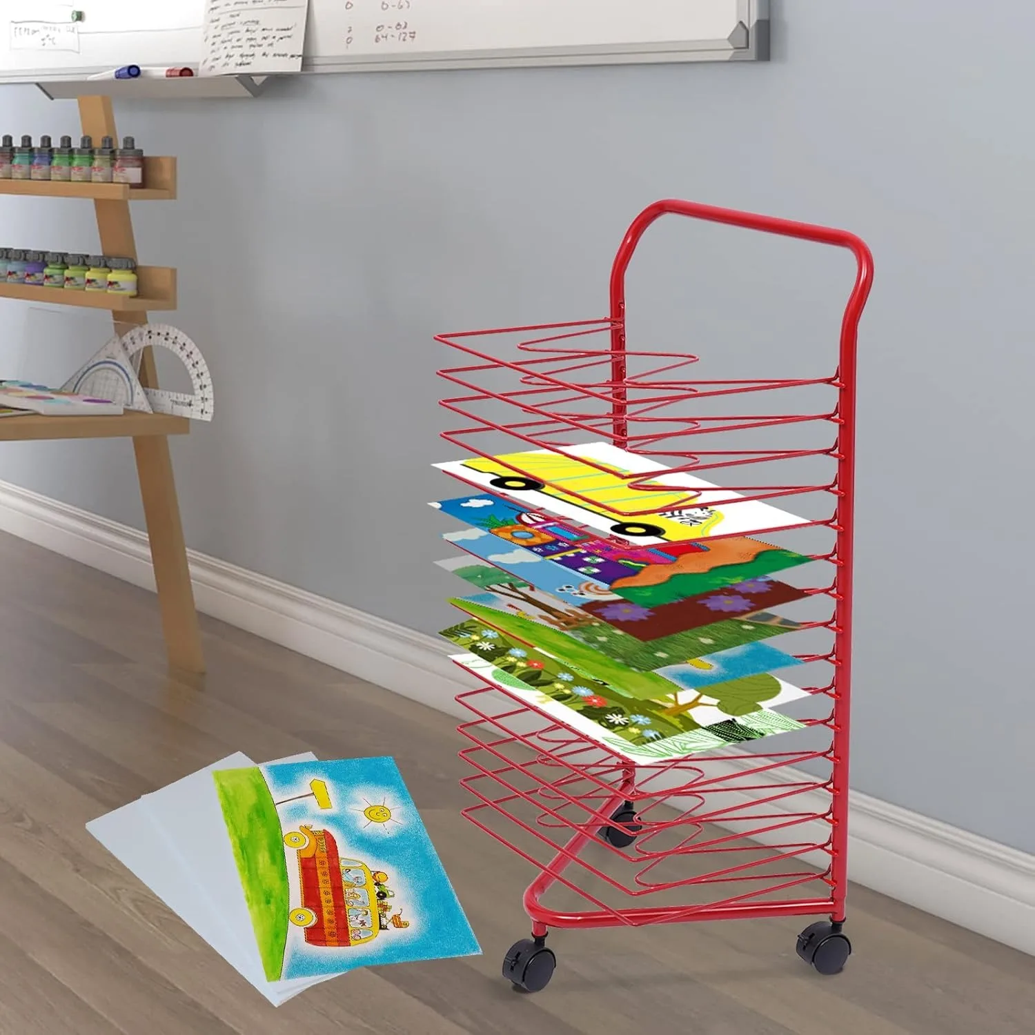 Red Art Drying Rack 16 Shelves Paint Drying Rack Art Metal Desktop Artwork Storage Display Rack Art for Schools and Art Clubs