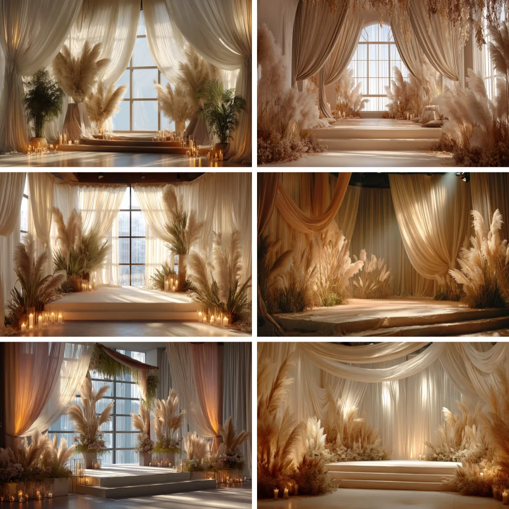 

Spring Boho Wedding Backdrop White Curtain Wooden Background Birthday Party Booth Window Candle Pampas Grass Studio