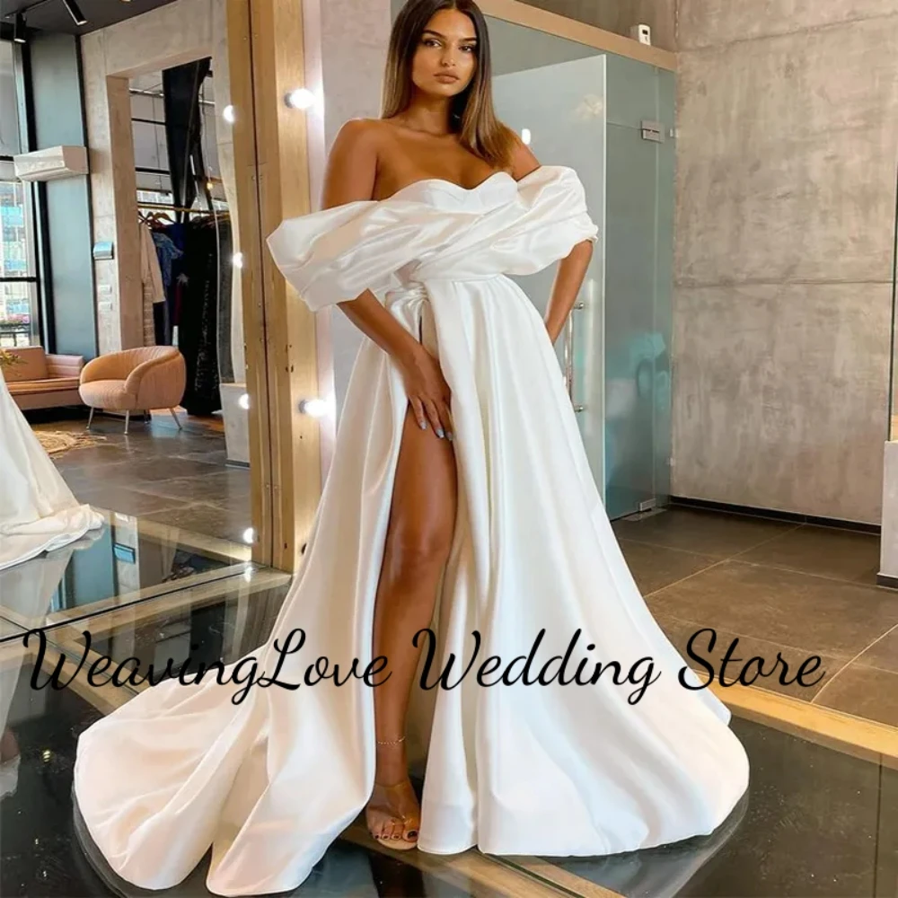 Modern Simple  Drop Shoulder Satin Wedding Dress High Slit  Short Sleeves Women Formal Gowns  Vestido De Novia Casamento 2023