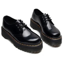 British Style Large Size Unisex Cowhide Platform Women's Genuine Leather  Derby Shoes Heightening Thick Soled Black Men's Shoes