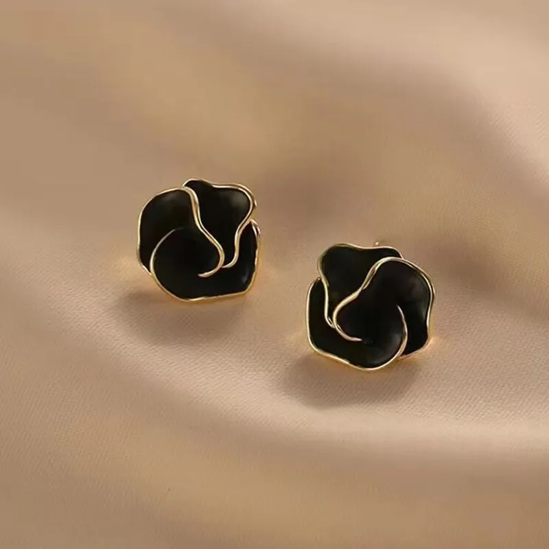 LATS Black Flower Stud Earrings for Women Folded Unique Design Enamel Multi-layers Floral Small Earrings Fashion Jewelry