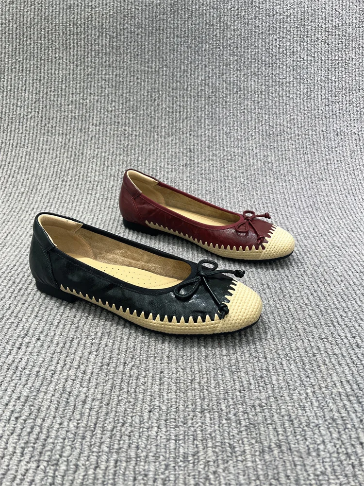 

Ele Lady Flat Bot Fierman oes round Toe Knot Leather Upaded Version Comfortable Casual Faionable Wom...