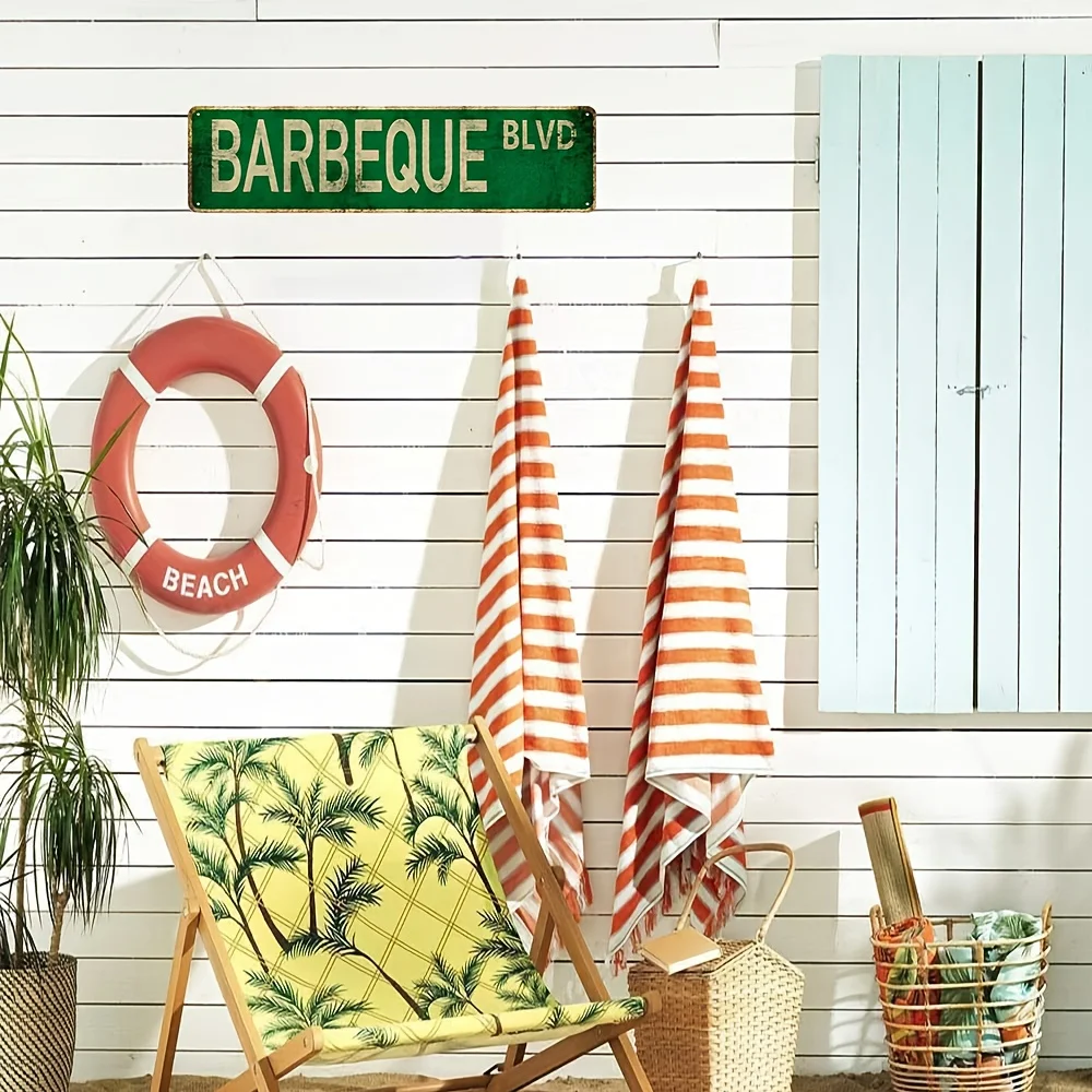 Vintage BBQ Blvd Metal Sign - 16x4 Inch Rustic Wall Art for Home, Bar, Cafe, Garage Decor, Waterproof & Dustproof, Bar Decorat