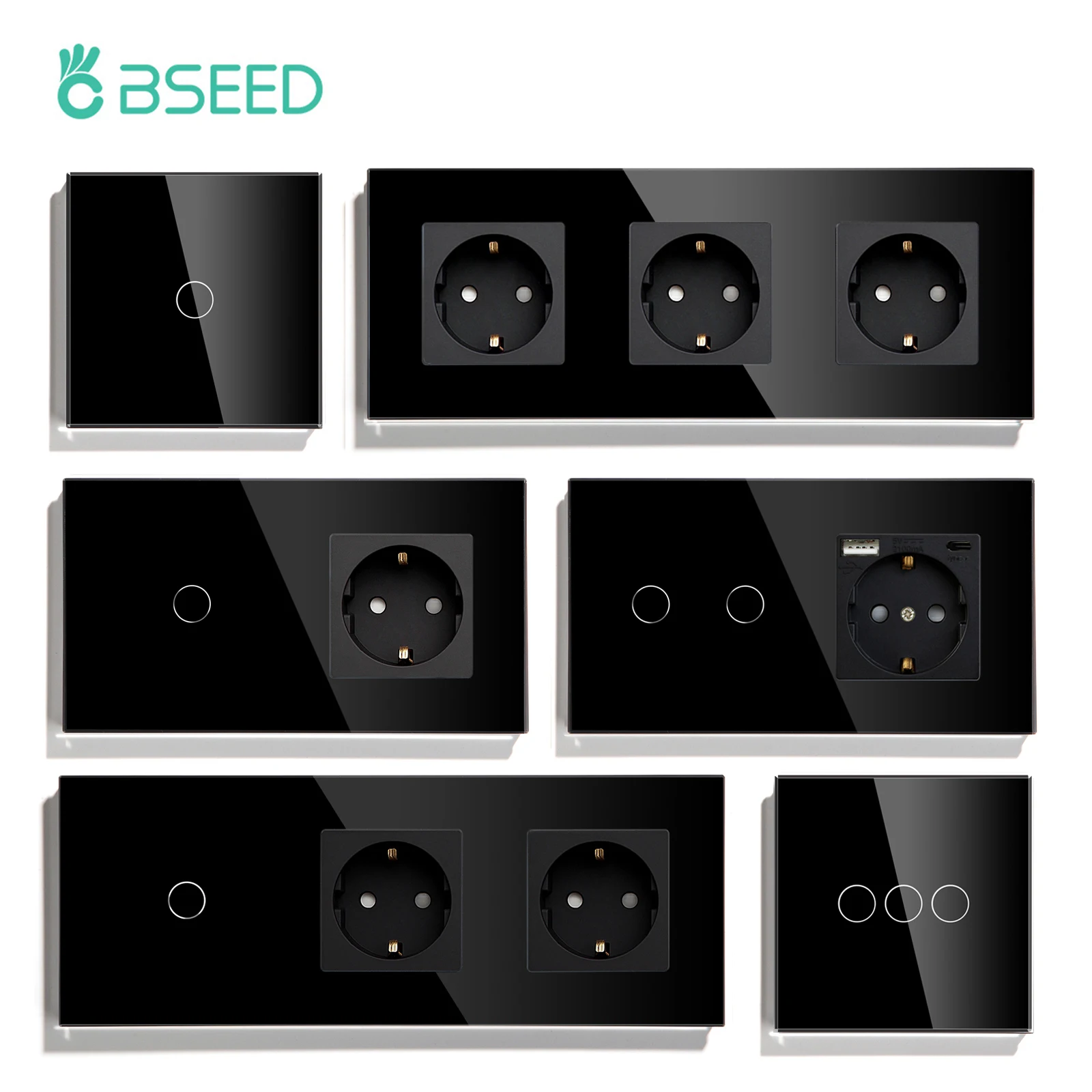 BSEED Touch Light Switch Wall Socket Glass 1/2/3Gang Touch Screen Switch Power Outlet Max.300W/Gang Led Switch Wall Socket Black