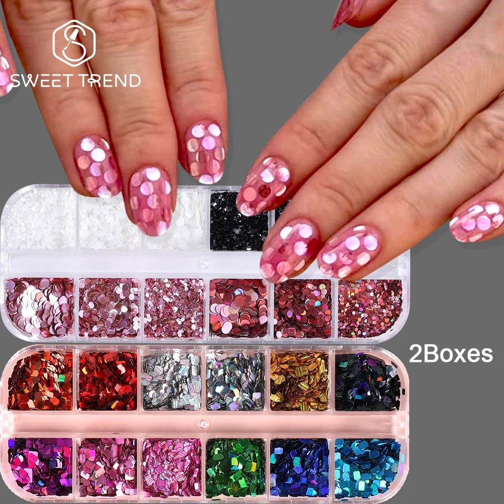 SWEET TREND-2Boxen Holografische Polka-Dot-Nagelpailletten, laserglänzend, Disco-Mosaik, würfelförmig, quadratisch, Nagelpailletten für die Maniküre