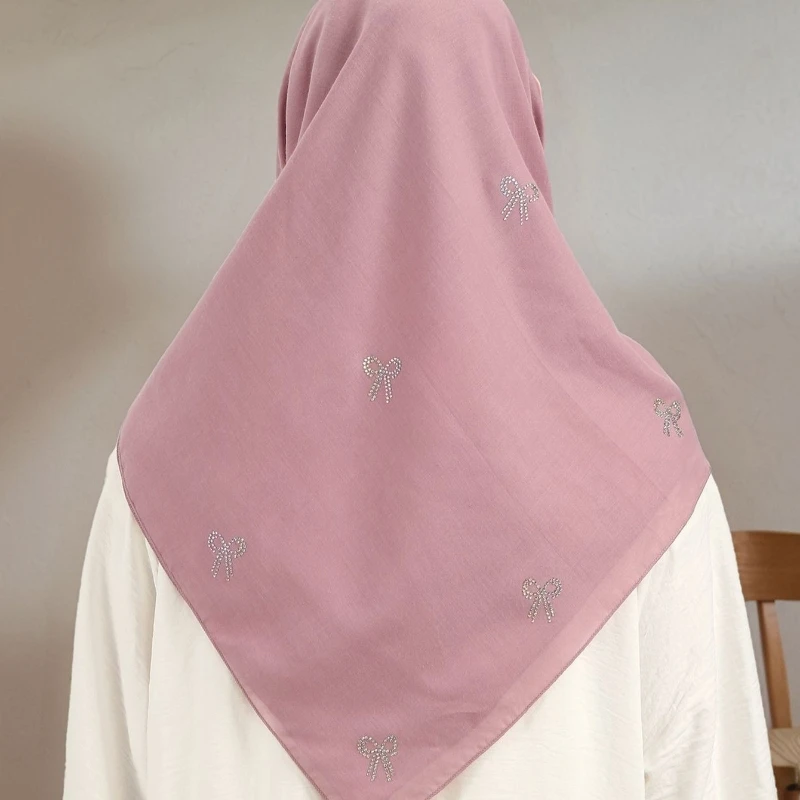 풀 쉬머 보우 라인스톤 스퀘어 스카프 여성용 부드러운 코튼 보일 히잡 무슬림 솔리드 플레인 인스턴트 히잡 헤드스카프 110*110cm