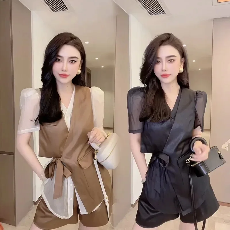 Online Celebrity Explosions Gas Field Royal Sister Fan Three-piece Women Fashion Irregular Strap Vest+thin Shirt Wide-leg Shorts