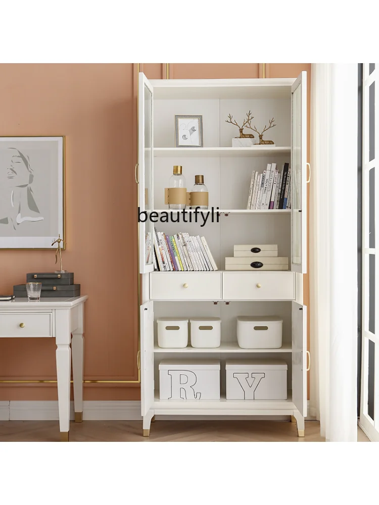 American  Solid Wood Double-Door Bookcases with Cabinet with Glass Door  Combination Floor White Storage Cabinet Bookcase