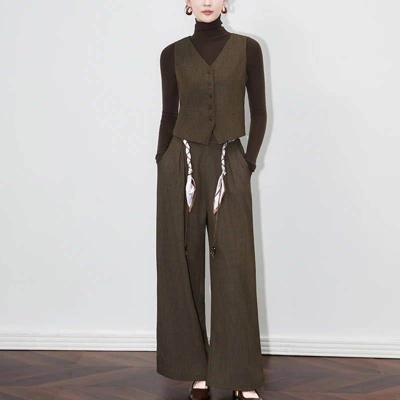 

Elegant Fashion 2 Piece Pants Set for Woman Autumn Winter V-neck Sleeveless Vest & Wide Leg Pants Office Lady Two Piece Sets