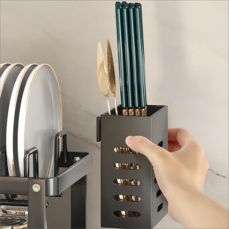 رف تجفيف الأطباق من الفولاذ المقاوم للصدأ منظم أطباق المطبخ قابل للتعديل مع لوح تصريف فوق الحوض وحامل تخزين أدوات المائدة على سطح الطاولة