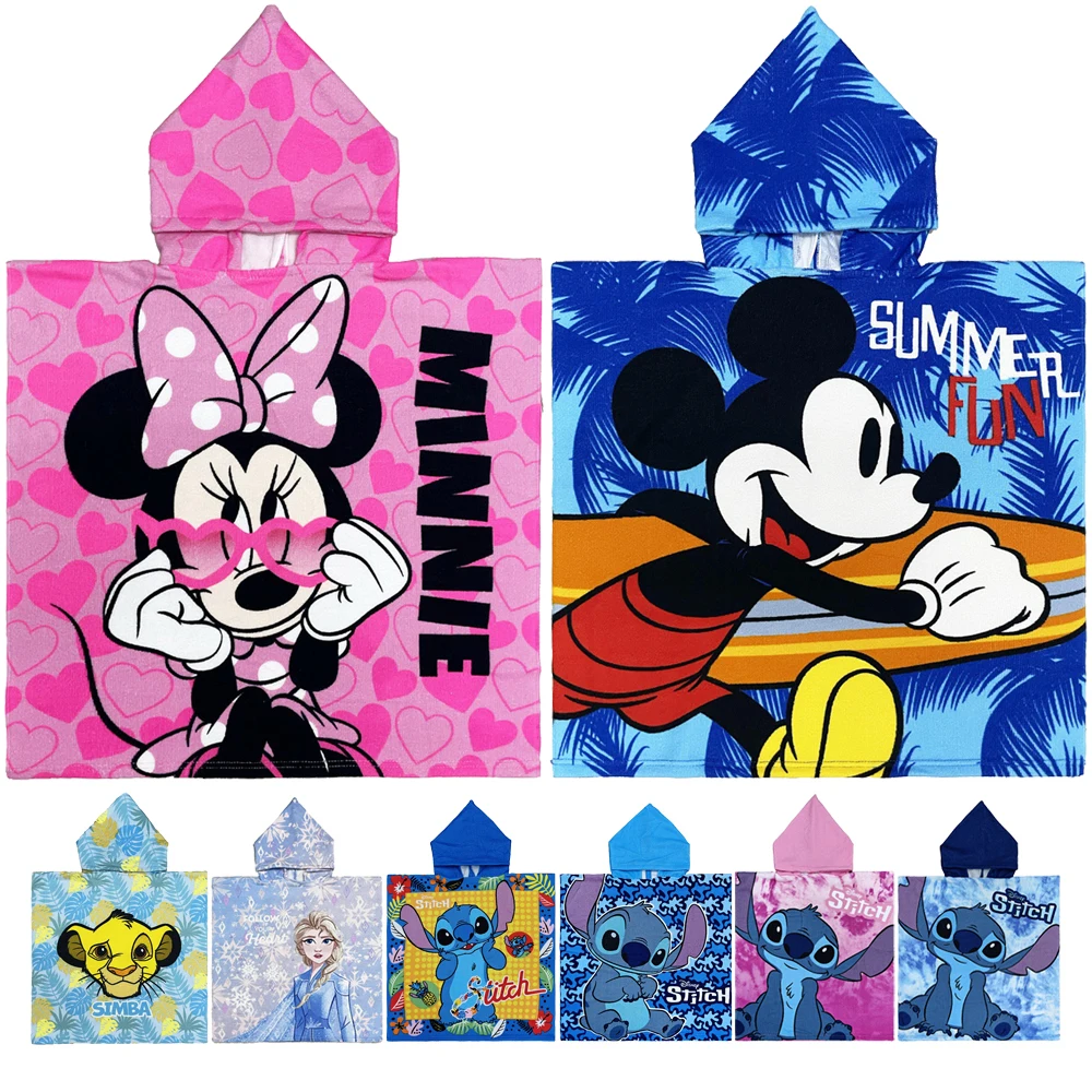 

Minnie And Mickey Mouse Animal Cartoon Hooded Cloak Beach Towels Stitch Kids Towel Children's Beach Robes Bathrobes For 0-8Years