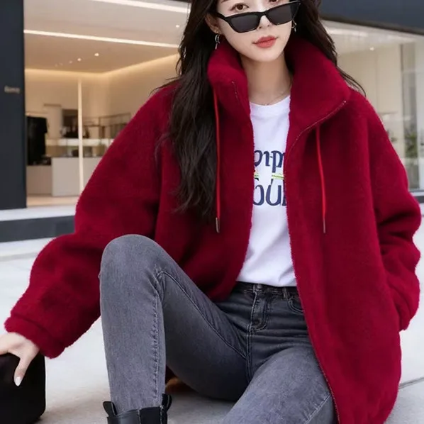 Women's Fleece Jacket Thickened Double-sided Coral Velvet Zipper Closure Long Sleeve Stand Collar Cardigan Outerwear Coat