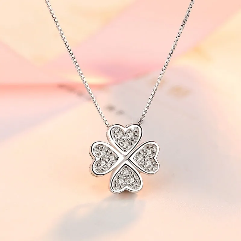 

925 Silver Four-Leaf Clover Crystal Pendant Necklace, Heart-Shaped Lucky Jewelry, Minimalist Statement Chain For Women Gifts