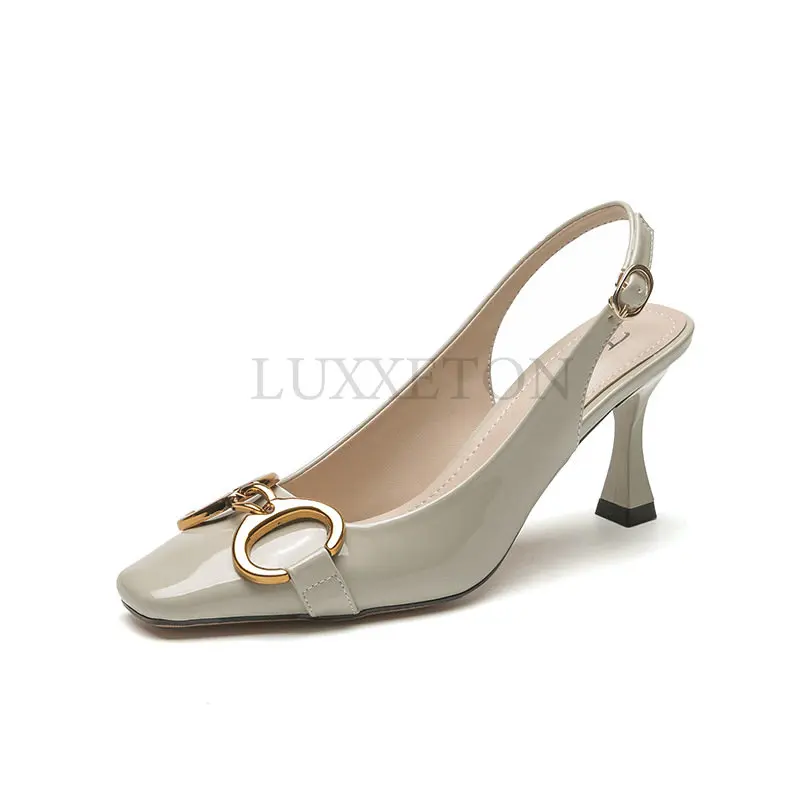 Summer Women 5.5cm 7.5cm High Heels Slingback Sandals Lady Metal Buckle Stripper Sandles Low Office Heels Nude Fetish Shoes