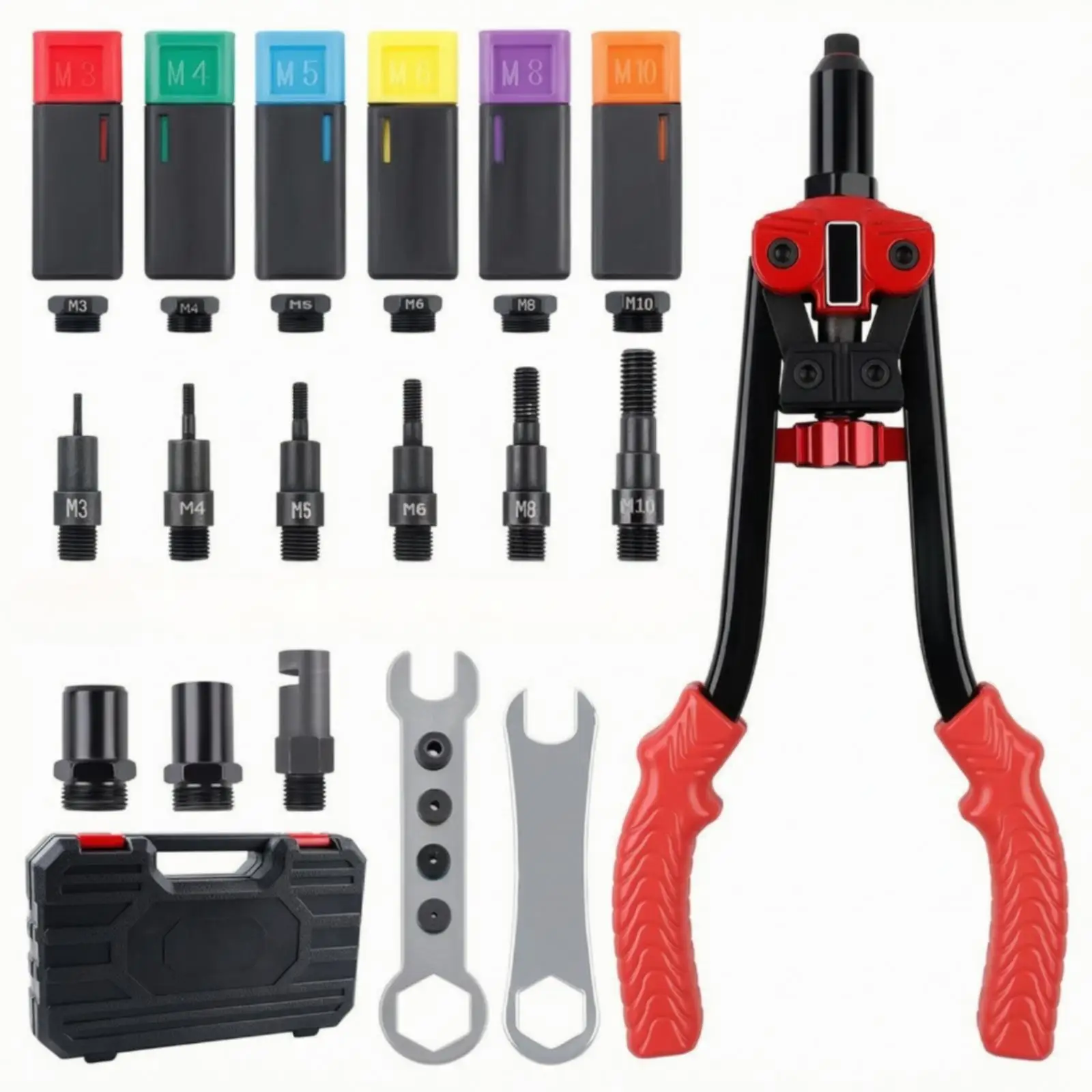 Compact Manual Rivet Kit with 6 Interchangeable Nose Pieces and Molded Storage Case for General Repairs and Fastening Tasks