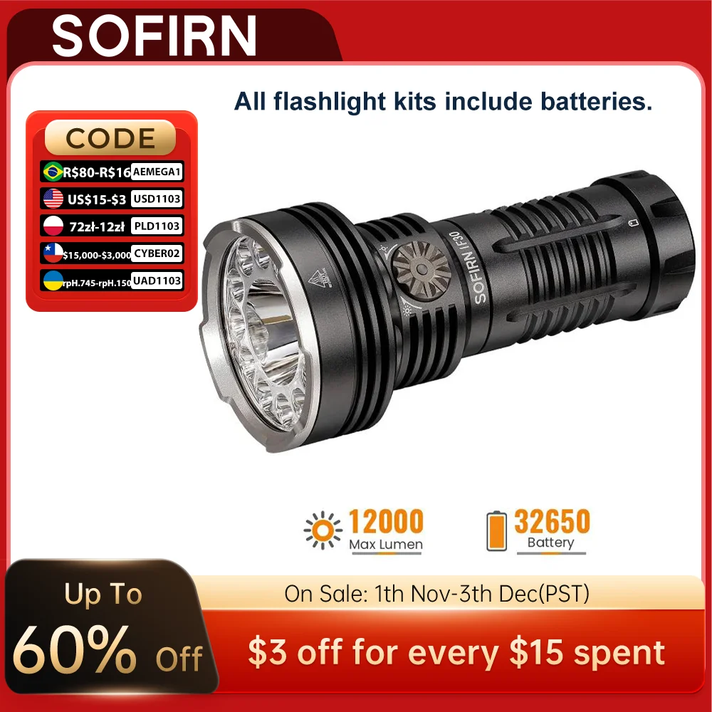 SOFIRN IF30 Powerful  USB C Rechargeable EDC Flashlight IPX8 Waterproof 32650 12000lm SFT40 Lamp Portable Torch