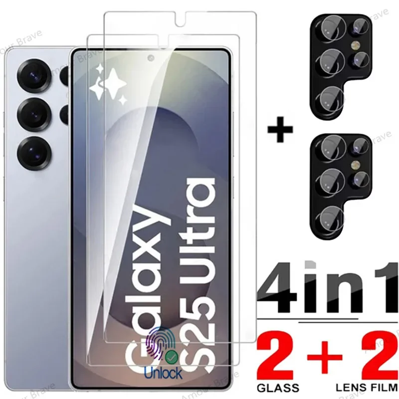 

4 IN1 Screen Lens Protector For Samsung Galaxy S25 Ultra S24 S23 S22 S21 Plus Tempered Glass Fingerprint Unlock Protection Glass