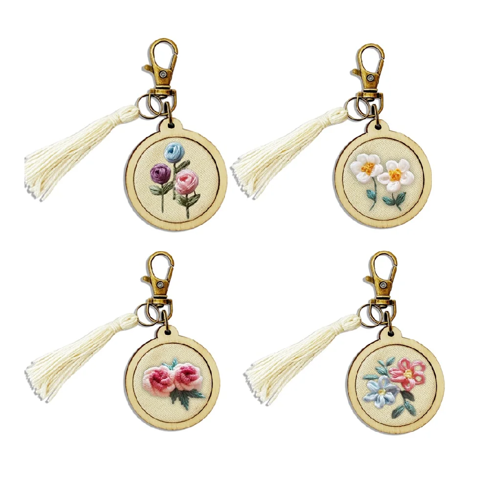 Mini Embroidery Keychain Accessory Set Embroidered Ring Frame Wooden Pendant Hand Embroidered DIY Keychain Handmade Material Kit - view 2