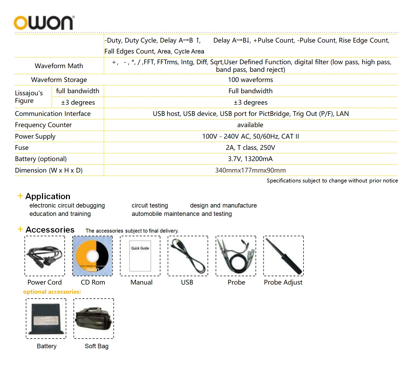 OWON XDS3104E 4 Channels Digital Oscilloscope 100MHz XDS3064E 60MHz 1GS/s 4CH 8inch Touchscreen I2C SPI RS232 CAN BUS Decording