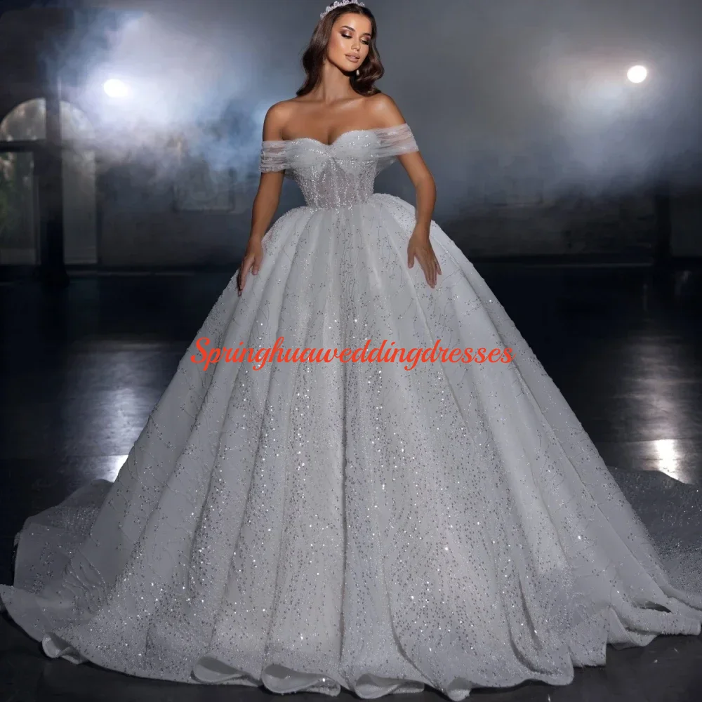 

Customized Romantic Sweetheart Neck Bridal Dress Luxury Ball Gown Bride Robe Sparkly Sequins Beads Wedding Gown