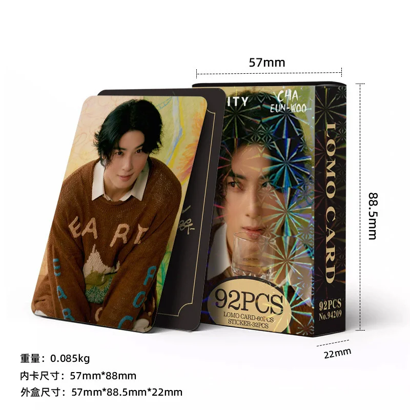 

92Pcs/Set Cha EunWoo Holographic Lomo Cards Korean Idol Laser Photo Cards with Stickers Collectible Fan Art