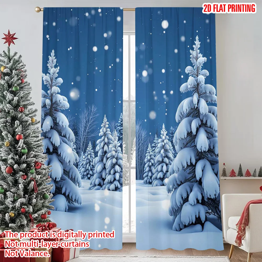 

2pcs 2D flat printing Merry Christmas Window Drapes Country Snow Forest Christmas Machine Washable Polyester Without Electricity