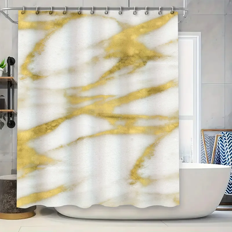 

Занавеска для душа с эффектом белого мрамора и золотыми акцентами. Декоративная подкладка для ванной комнаты для ванны или зоны бассейна. Идеальное дополнение к вашему заказу.