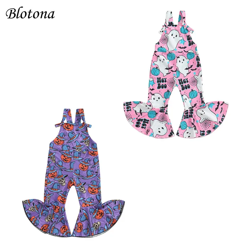 

Blotona Little Girls Halloween Flared Jumpsuit Ghost/Pumpkin Print Sleeveless Bell Bottom Pants Overalls Playsuits