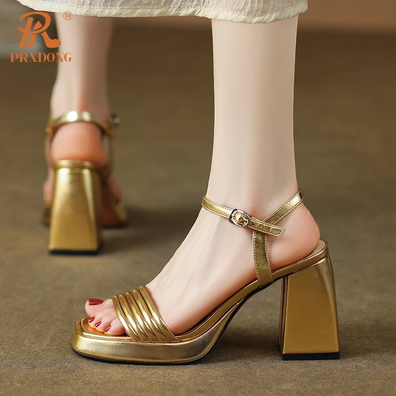 PRXDONG New Fashion Summer Square High Heels Platform SHoes Woman Sandals Black Gold Dress Party Office Lady Shoes Size 34-39