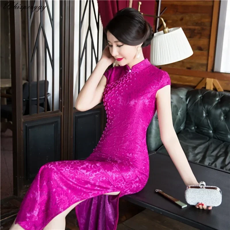 

Rose Red Women'S Long Cheongsam Top Fashion Beading Chinese Style Vintage Party Female Lace Qipao Slim Banquet Dress Vestidos