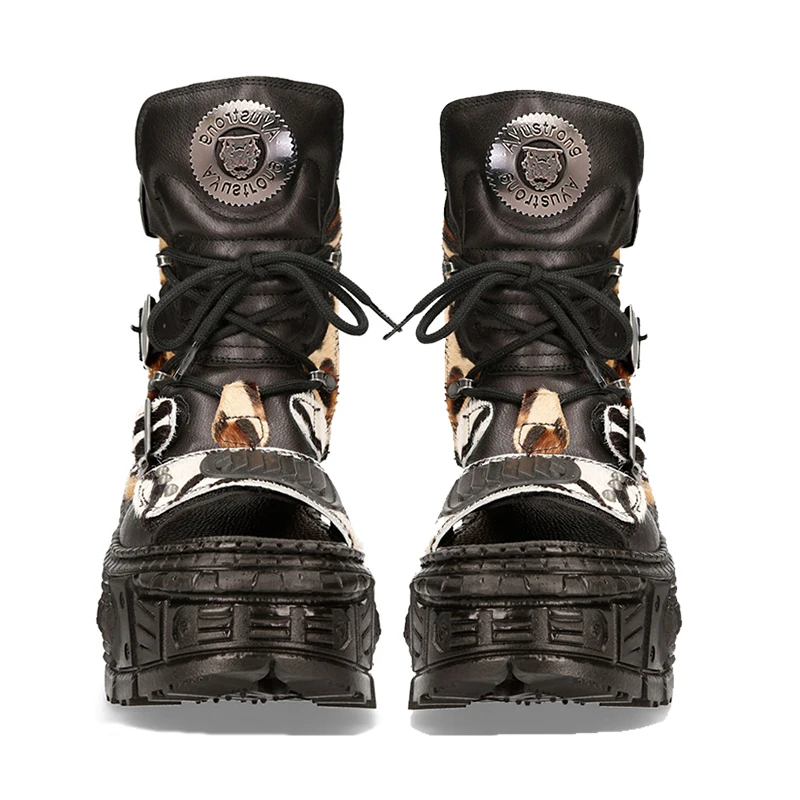 Bottes de moto Punk pour femmes, sandales de gladiateur à bout rond et semelle épaisse, mi-mollet, couleurs mélangées, plateforme Rome nouée en croix