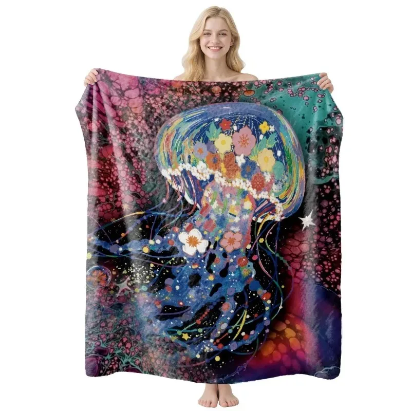 

Vibrant Fantasy Themed Flannel Throw Blanket Jellyfish & Tropical Bird Prints Cozy Plush Blanket for Lounge Nap Gifts Blankets