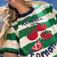 Camisetas Vintage Y2K con cuello redondo y contraste de colores para mujer, camisetas Grunge de manga corta con estampado de langosta/letra/frutas estéticas, ropa de calle