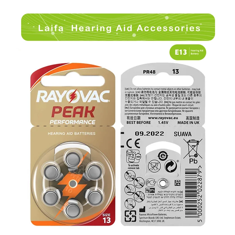 Rayovac Peak Hearing Aid batterie 60 PCS Zinc Air 1.45V A13 13A P13 PR48 per BTE RIC apparecchi acustici amplificatore audio Dropshipping