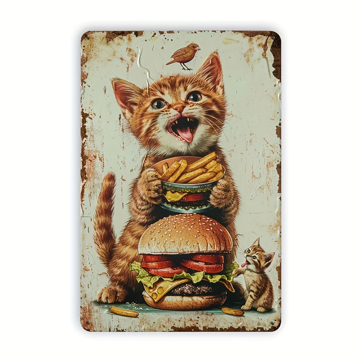 Cat & Burger Metal Tin Sign -   Wall Art, Rustic Decor with Playful Kitten & Gourmet Burger, Durable Iron, Perfect for Home,