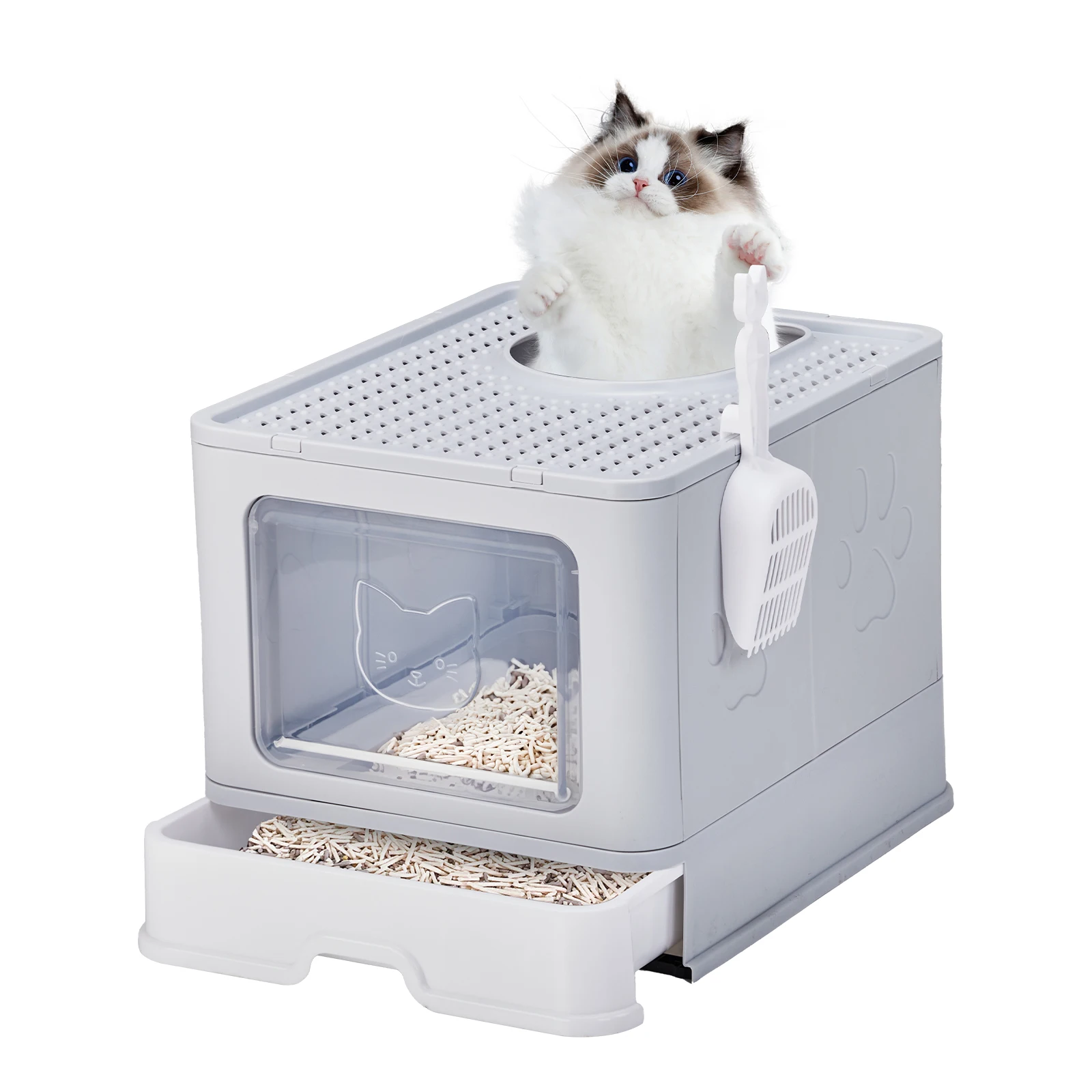 Large Enclosed Cat Litter Box with Lid Cover, Detachable Cat Toilet with Litter Scoop & Slide Out Tray,