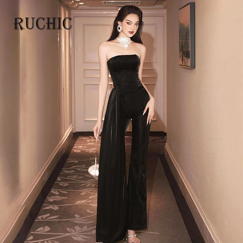 

Summer 2024 New Women's 2 Pcs Set Strapless High Waist Patchwork Ribbon Zipper Tops Slim Pants Elegant Party Suit